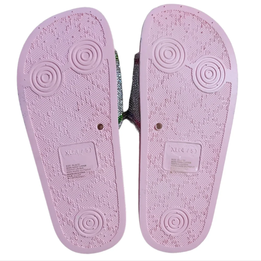 Bebe Girls Light Pink/Silver Rhinestone Logo Slides, Size XL (4/5)